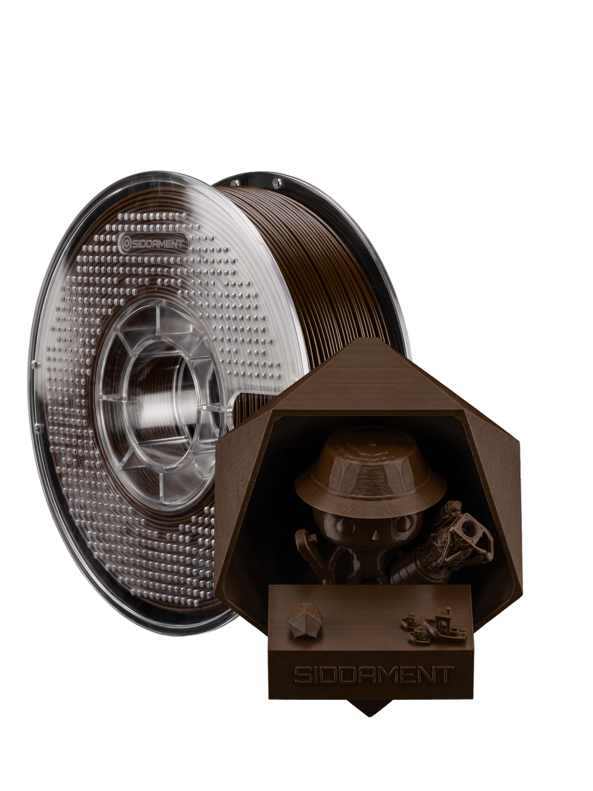 Matte Chocolate PLA V2 1.75mm 1kg filament and printed parts