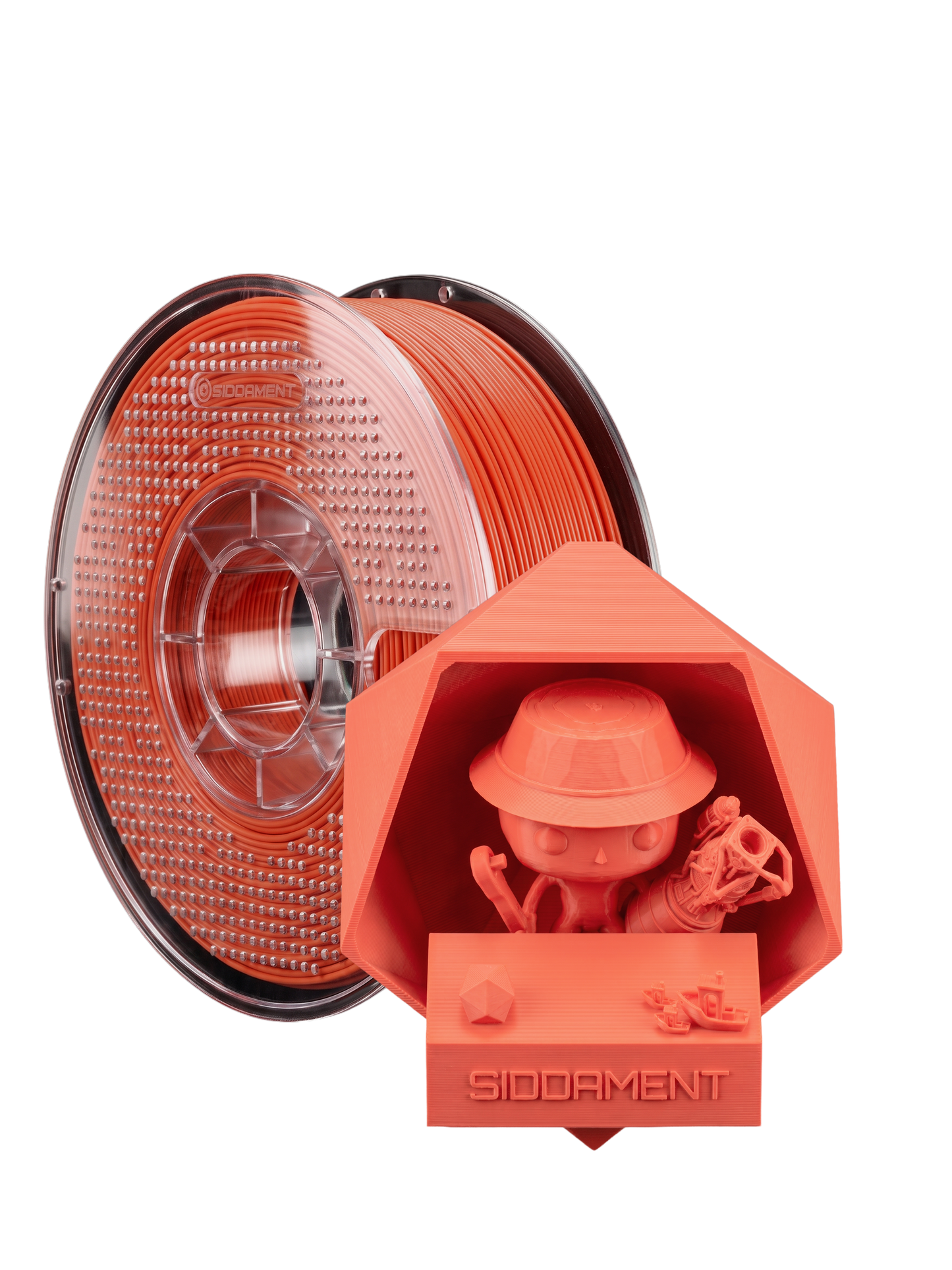 Matte Coral PLA V2 1.75mm 1kg filament and printed parts