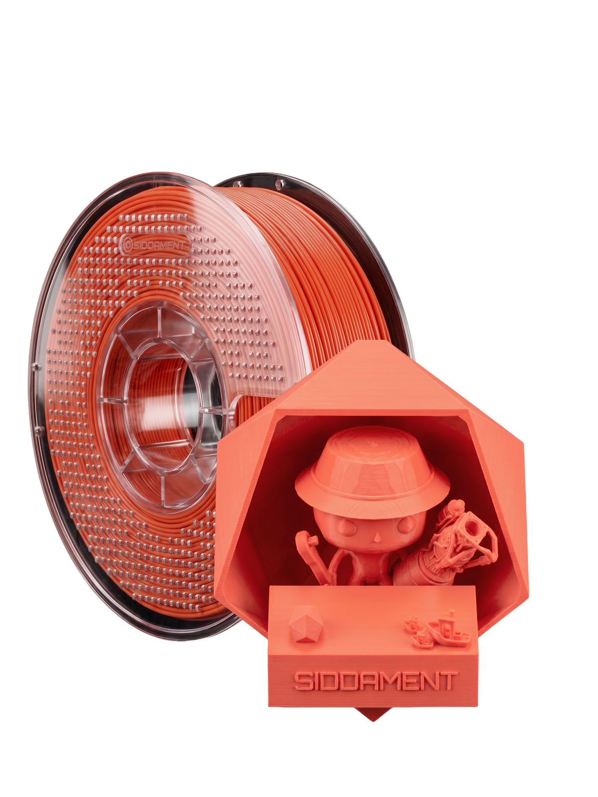 Matte Coral PLA V2 1.75mm 1kg filament and printed parts