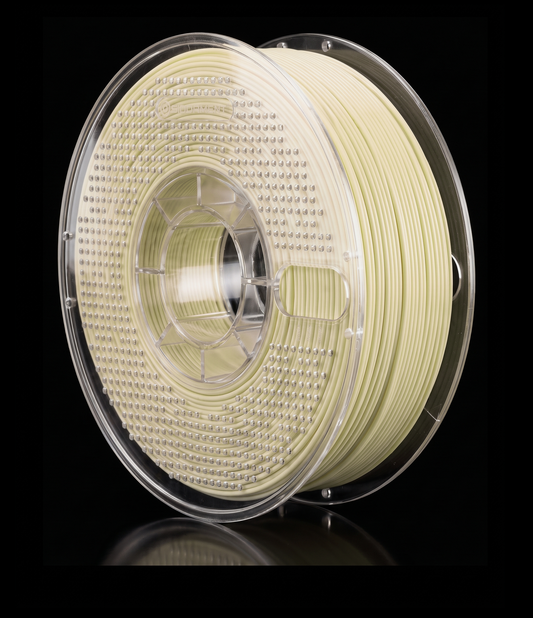 Matte Cream PLA V2 matte PLA filament on a clear SIDDAMENT spool