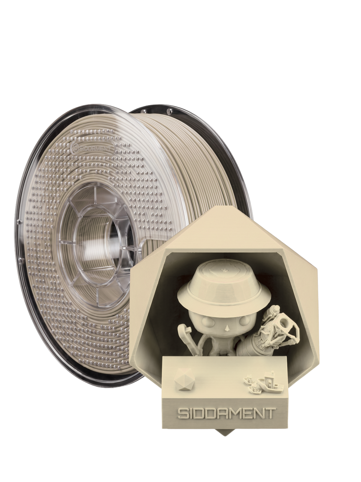 Matte Disc Grey PLA V2 1.75mm 1kg filament and printed parts