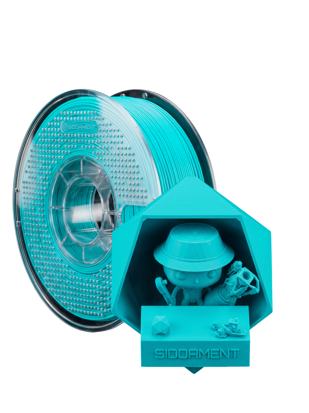 Matte Electric Cyan PLA  V2 1.75mm 1kg filament and printed parts