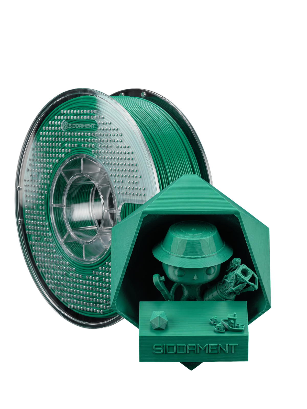 Matte Emerald PLA V2 1.75mm 1kg filament and printed parts
