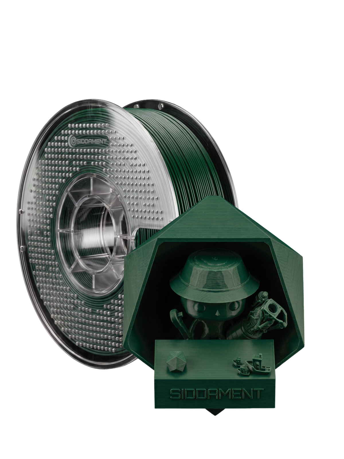 Matte Forest PLA V2 1.75mm 1kg filament and printed parts