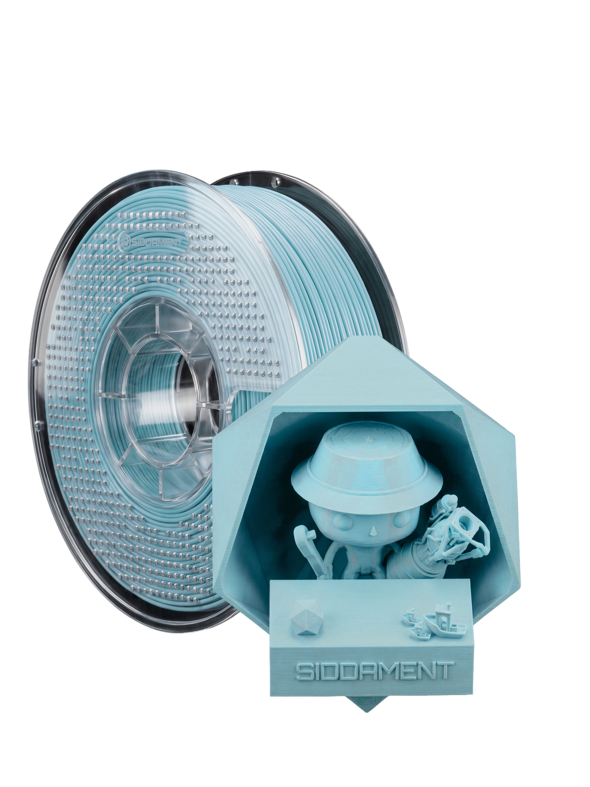 Matte Frost Cyan PLA V2 1.75mm 1kg filament and printed parts