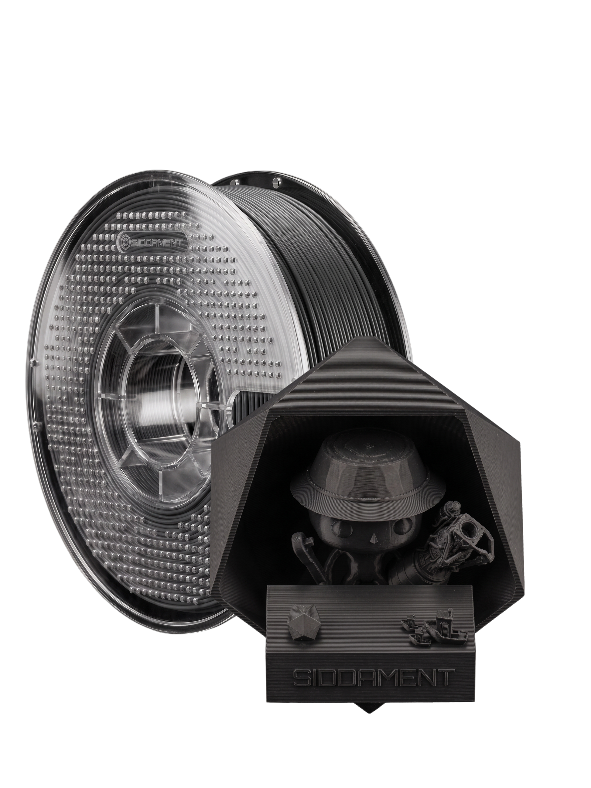 Matte Graphite ASA V2 1.75mm 1kg filament and printed parts