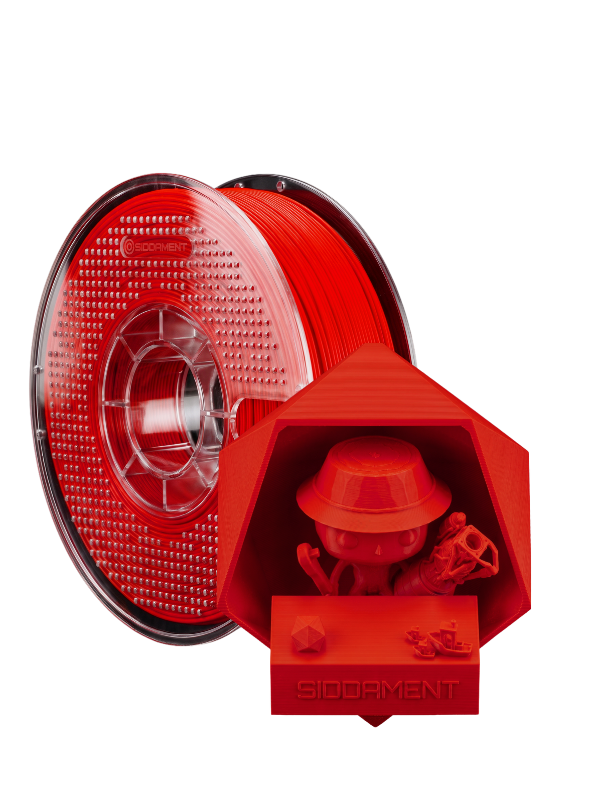 Matte Inferno Red PLA V2 1.75mm 1kg filament and printed parts