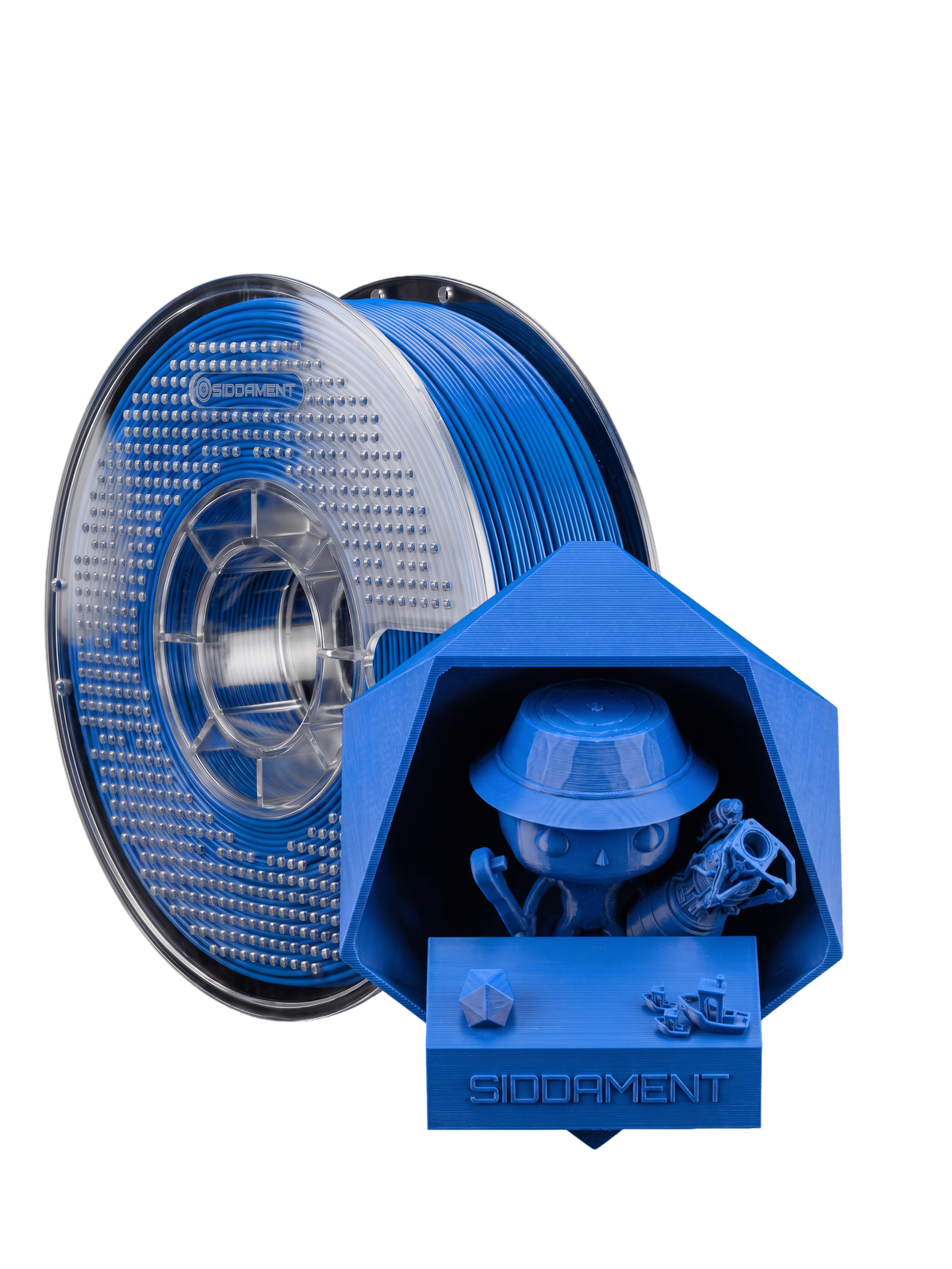 Matte Mega Blue PLA V2 1.75mm 1kg filament and printed parts