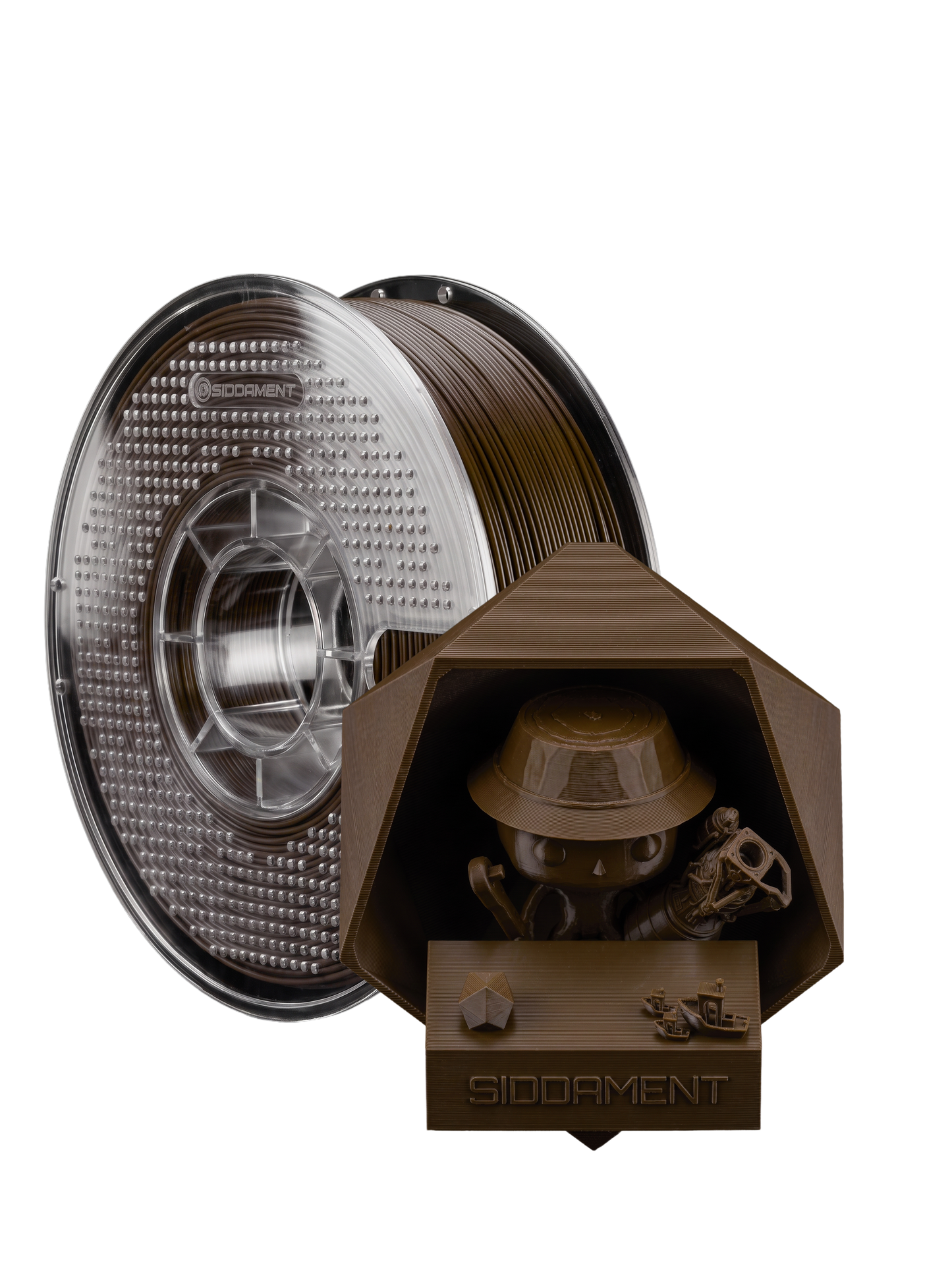 Matte Mocha PLA V2 1.75mm 1kg filament and printed parts