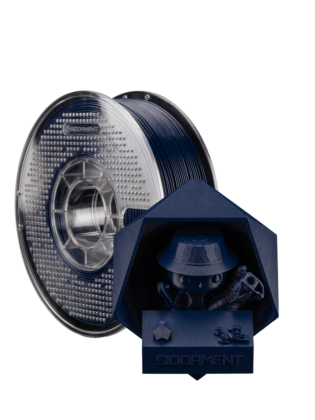 Matte Navy PLA V2 1.75mm 1kg filament and printed parts