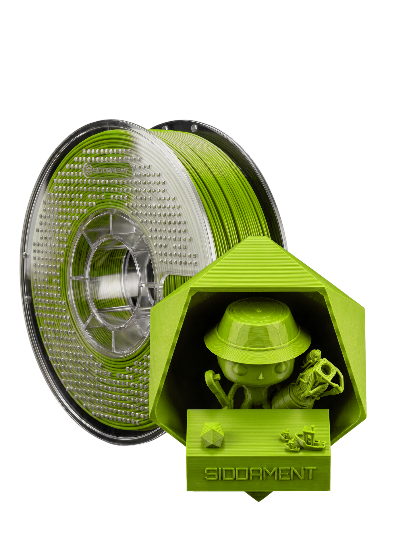 Matte Pocket Green PLA V2 1.75mm 1kg filament and printed parts