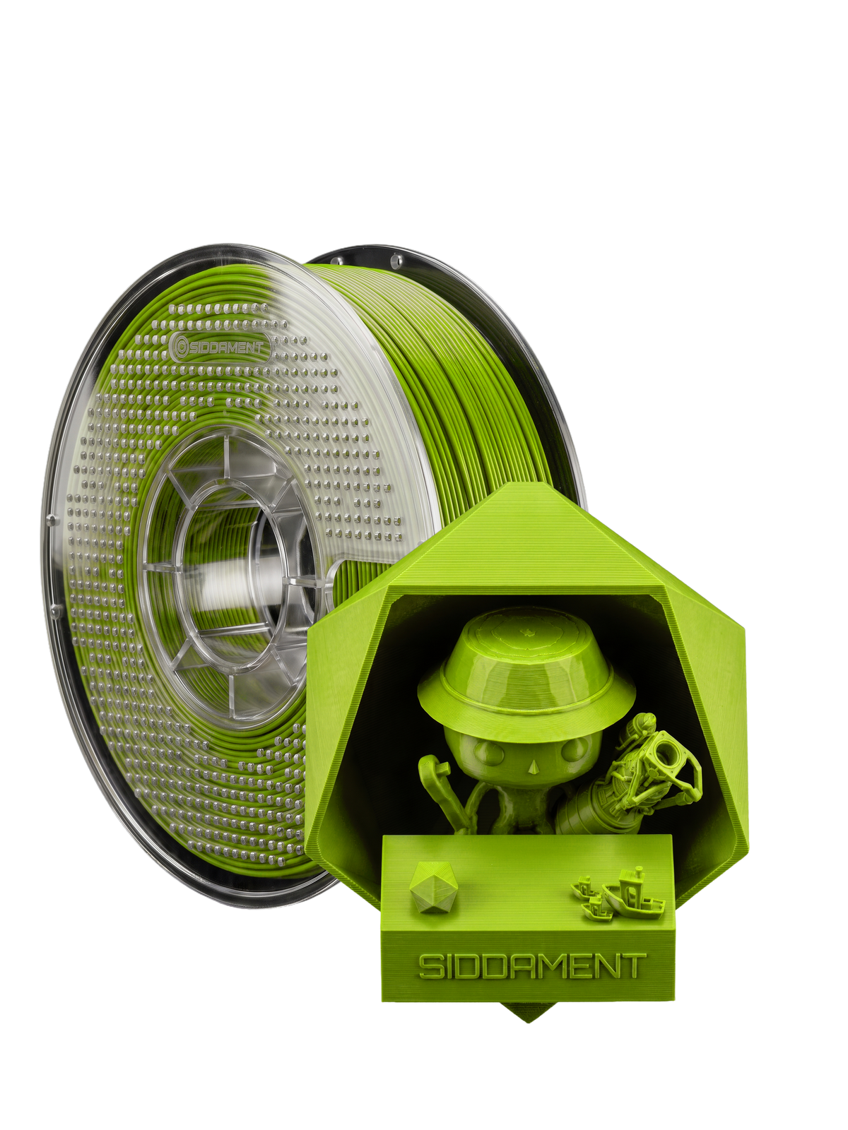 Matte Pocket Green PLA V2 1.75mm 1kg filament and printed parts