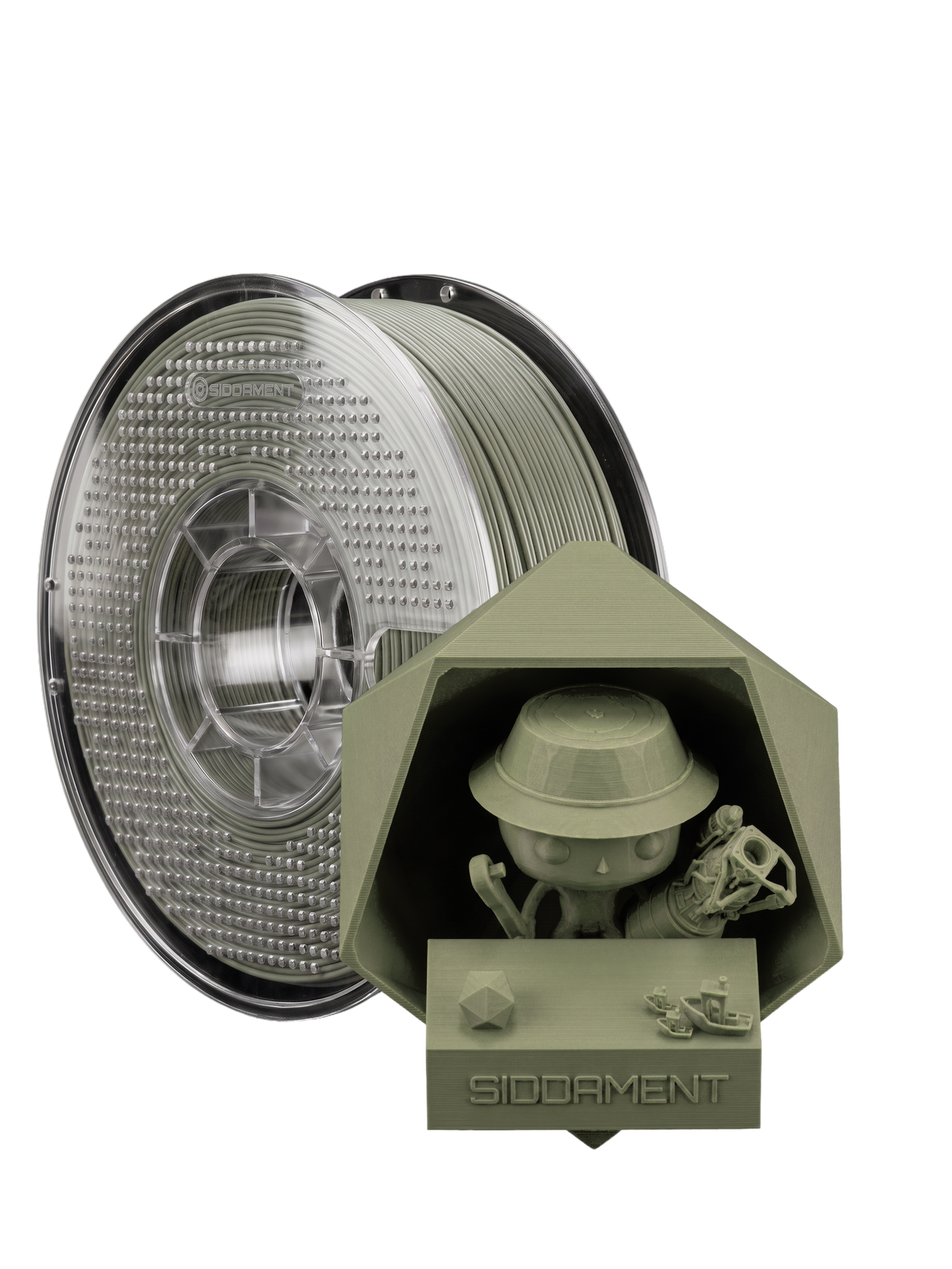 Matte Sage PLA V2 1.75mm 1kg filament and printed parts