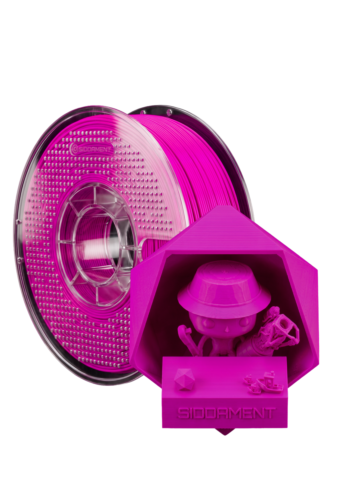 Matte Shock Magenta PLA V2 1.75mm 1kg filament and printed parts