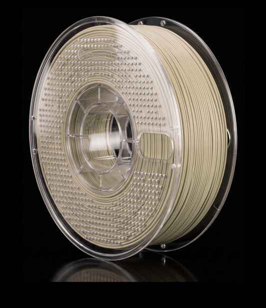 Matte Sleeper Beige PLA V2 matte PLA filament on a clear SIDDAMENT spool