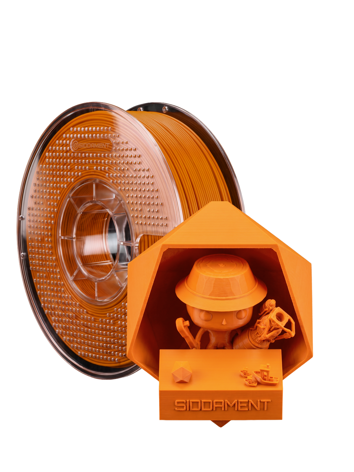 Matte Swirl Orange PLA V2 1.75mm 1kg filament and printed parts