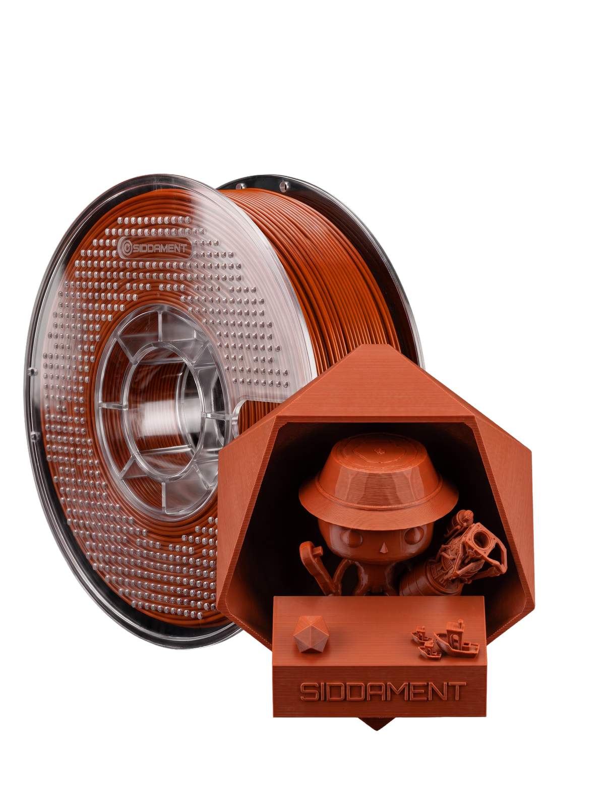 Matte Terracotta PLA V2 1.75mm 1kg filament and printed parts