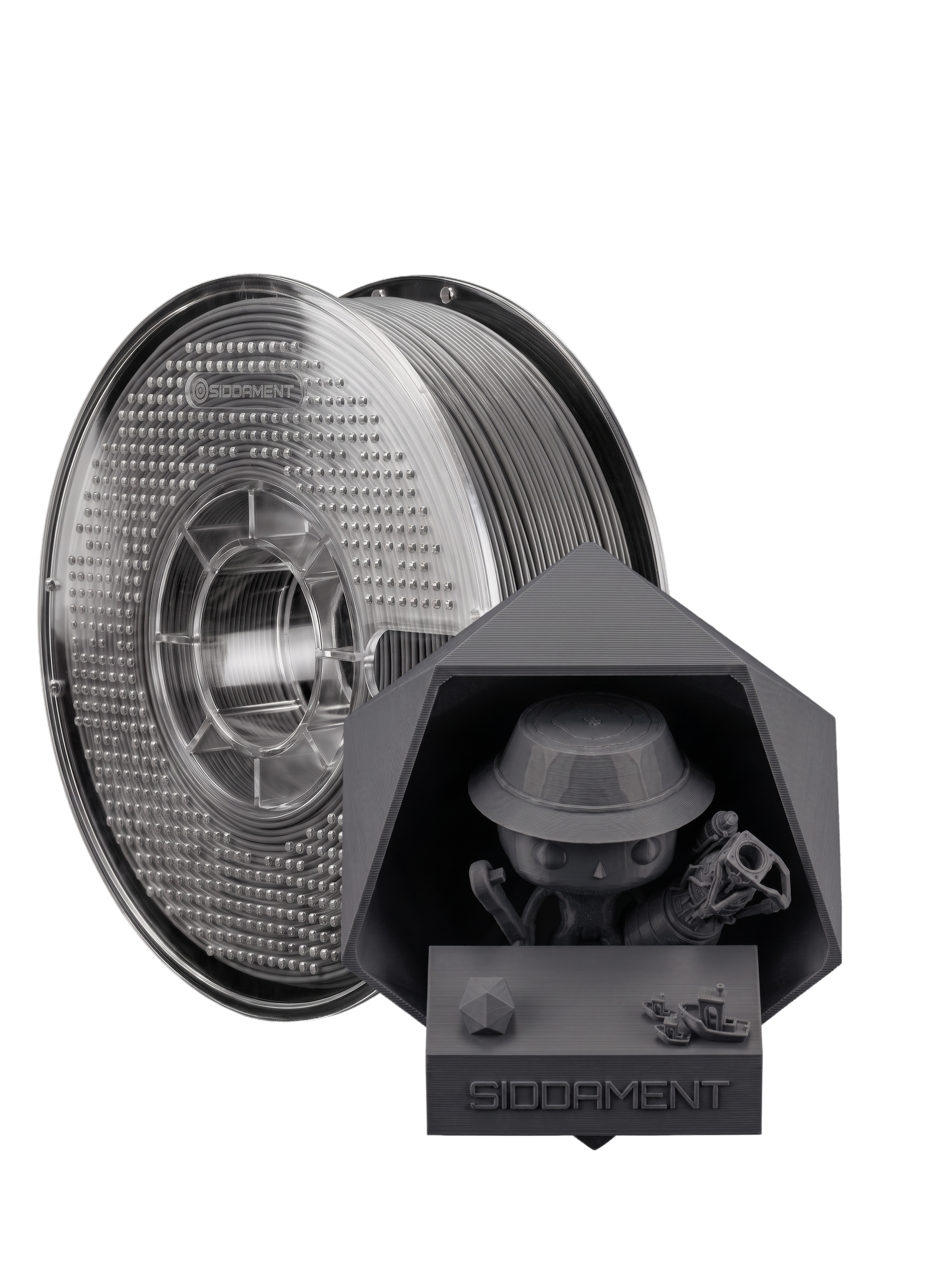 Matte Titanium Grey ASA V2 1.75mm 1kg filament and printed parts