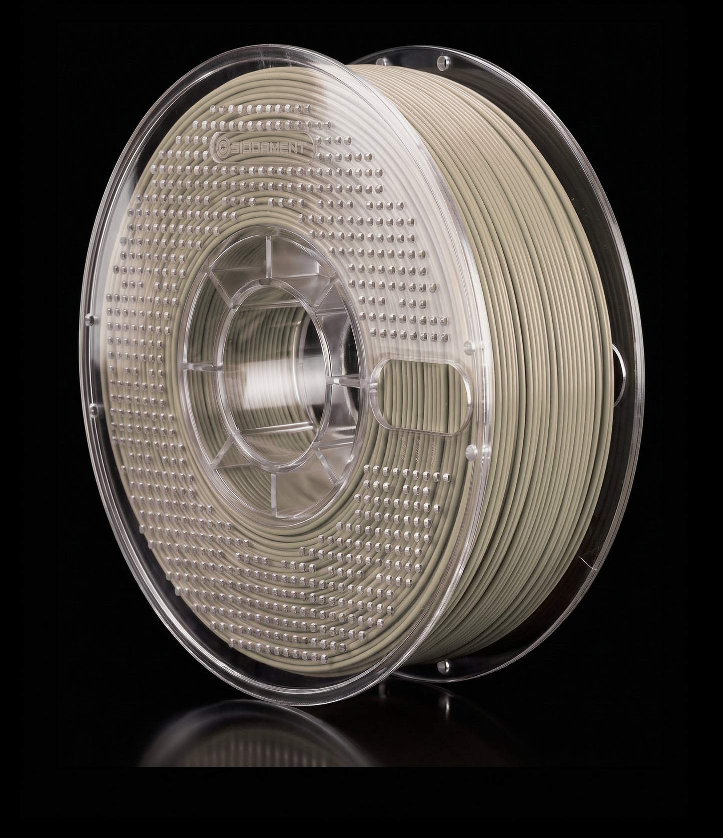 Matte Toaster Grey PLA V2 matte PLA filament on a clear SIDDAMENT spool