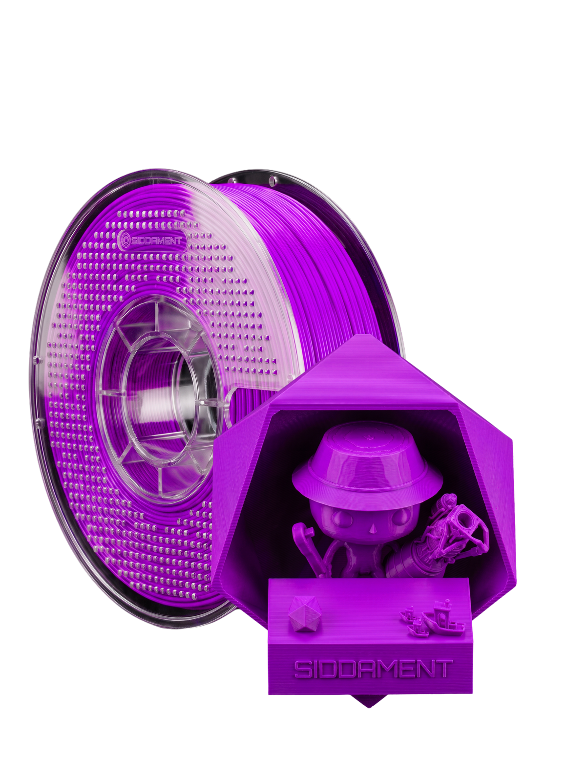 Matte Ultra Purple PLA V2 1.75mm 1kg filament and printed parts