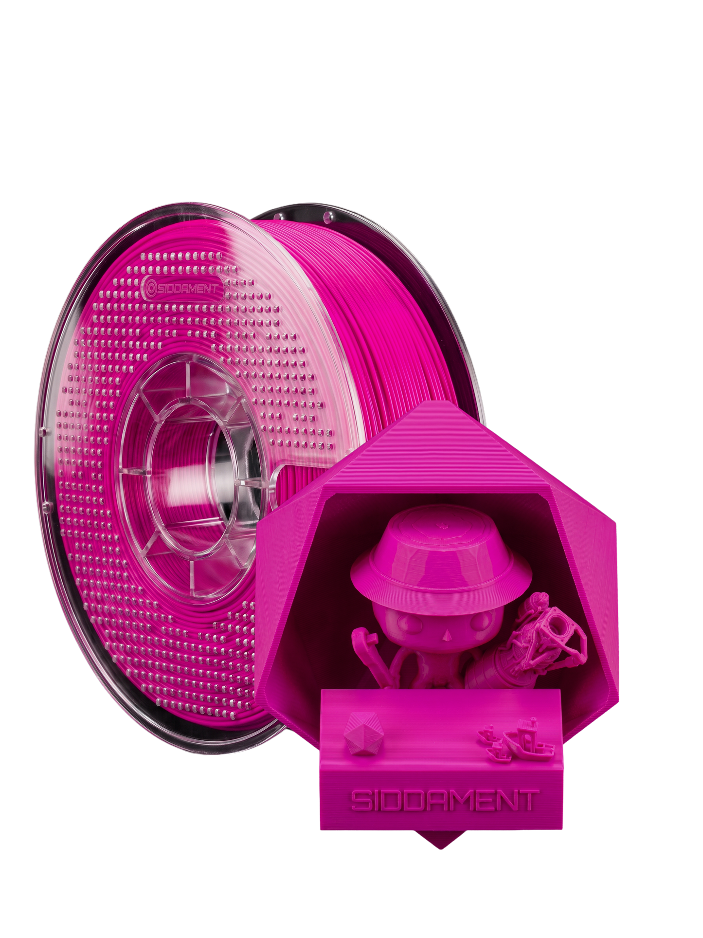 Matte Vivid Magenta PLA V2 1.75mm 1kg filament and printed parts