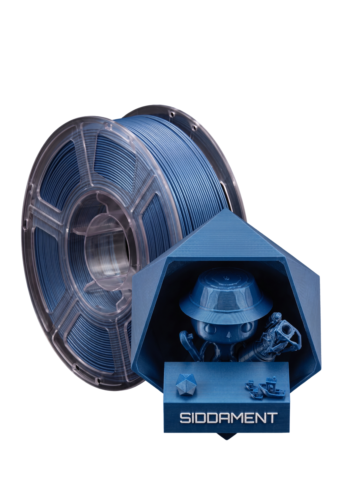 Metallic Blue PETG HS on a SIDDAMENT spool with a printed figure
