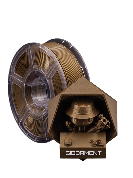 Metallic Gold PETG HS on a SIDDAMENT spool with a printed figure