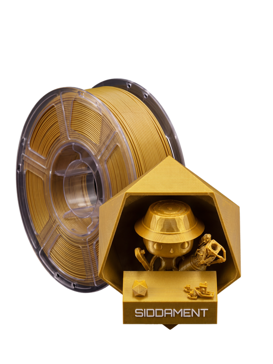 Metallic Bright Gold PETG HS on a SIDDAMENT spool with a printed figure