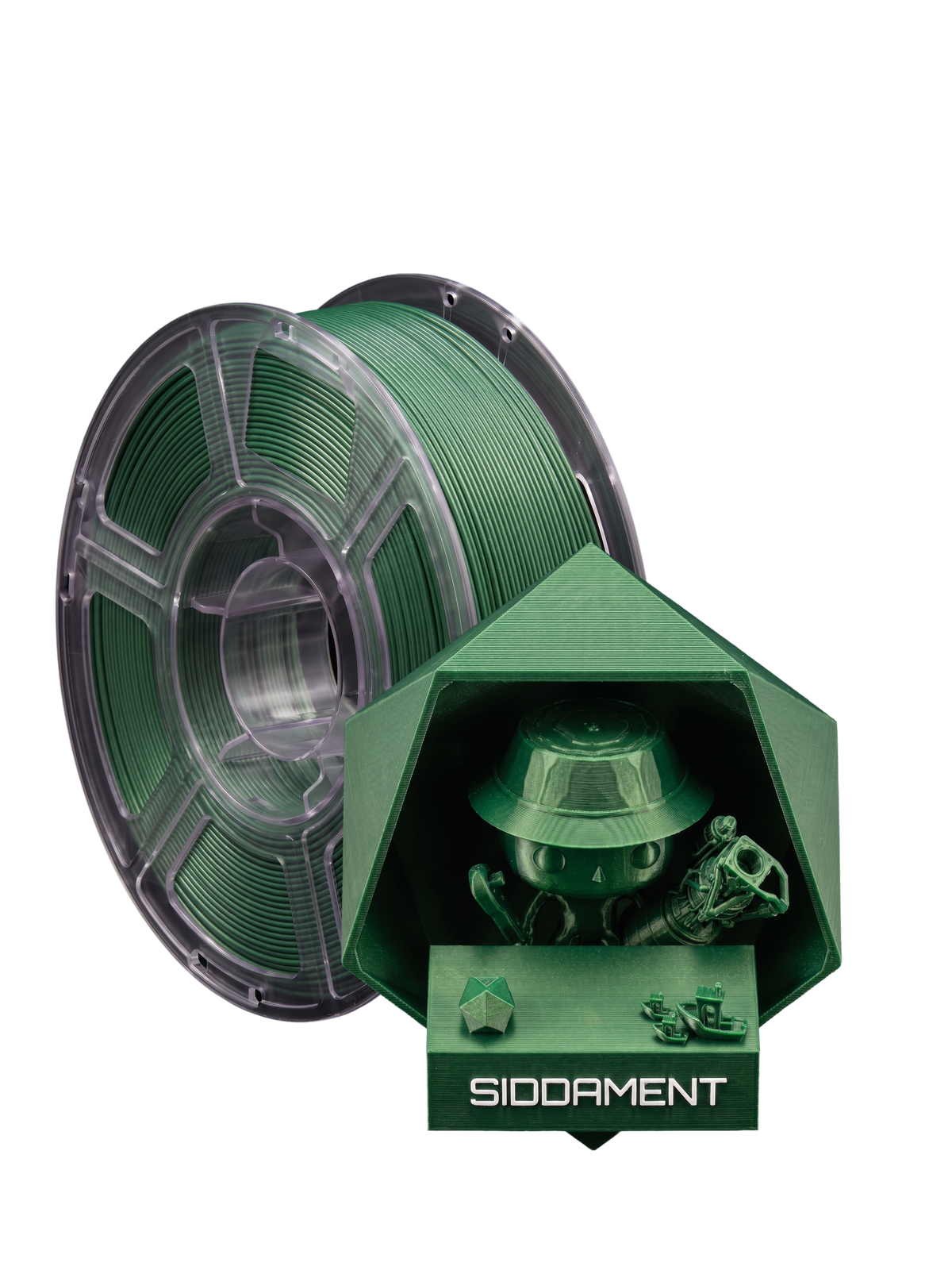 Metallic Green PETG HS on a SIDDAMENT spool with a printed figure