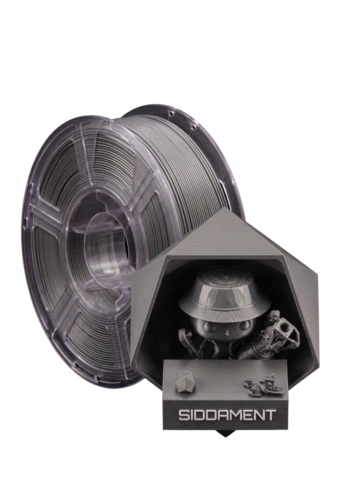 Metallic Grey PETG HS on a SIDDAMENT spool with a printed figure