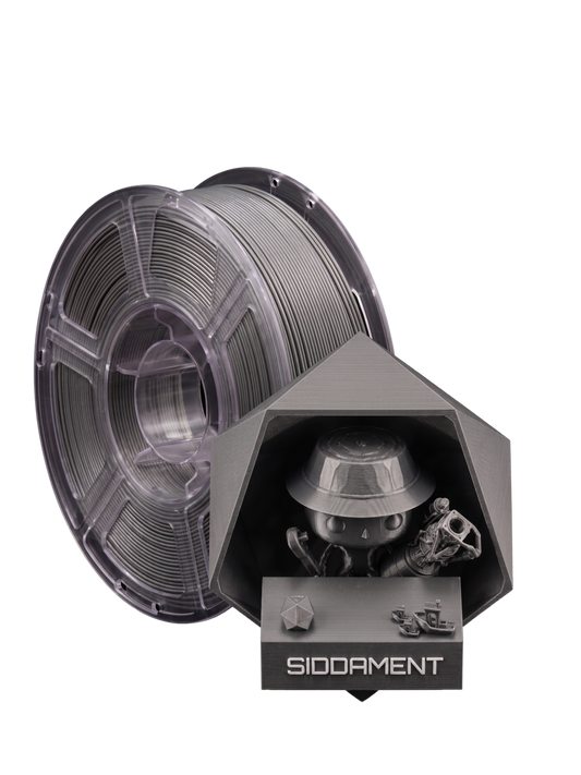 Metallic Grey PETG HS on a SIDDAMENT spool with a printed figure