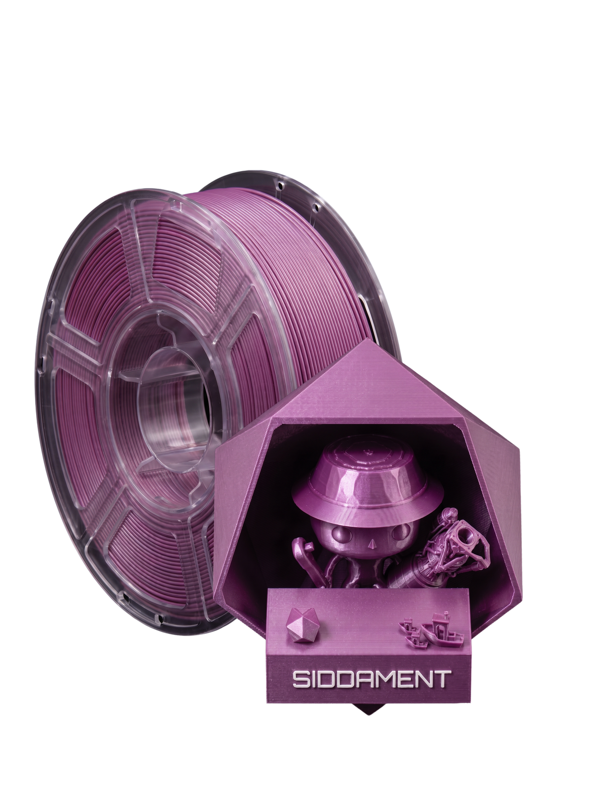 Metallic Purple PETG HS on a SIDDAMENT spool with a printed figure