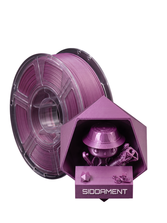 Metallic Purple PETG HS on a SIDDAMENT spool with a printed figure