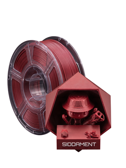 Metallic Red PETG HS on a SIDDAMENT spool with a printed figure