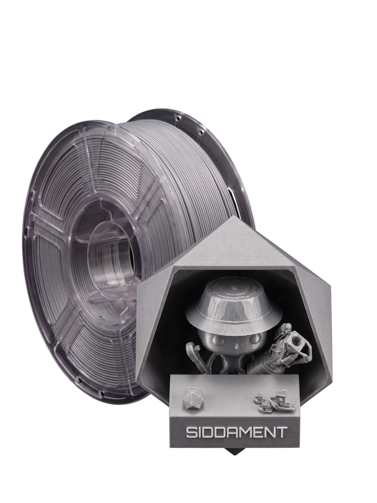 Metallic Silver PETG HS on a SIDDAMENT spool with a printed figure