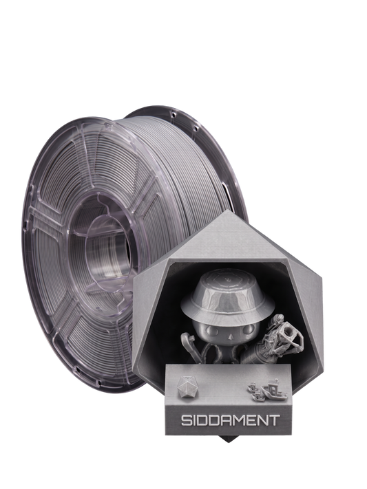 Metallic Silver PETG HS on a SIDDAMENT spool with a printed figure