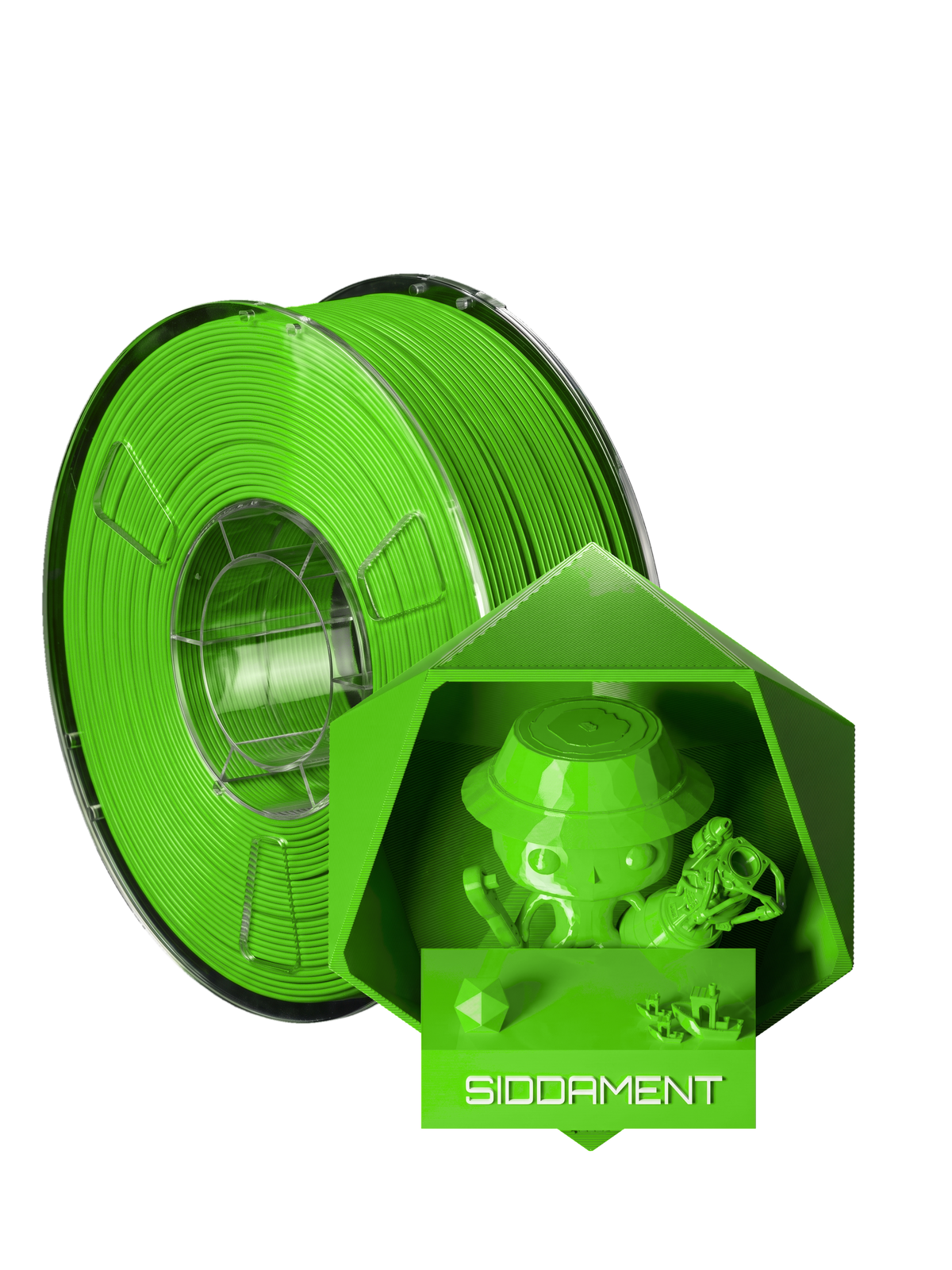 Neon Green PLA - spool and printed parts, glossy render matched to #61E011 [shot normal-pla-gloss-2026-10-16]