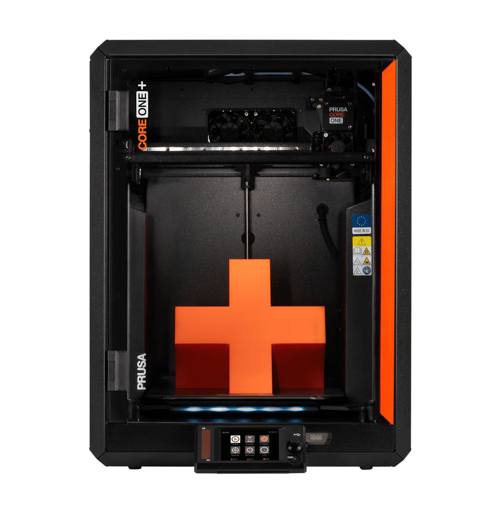 Prusa CORE One+ assembled 3D printer, front view with enclosed chamber