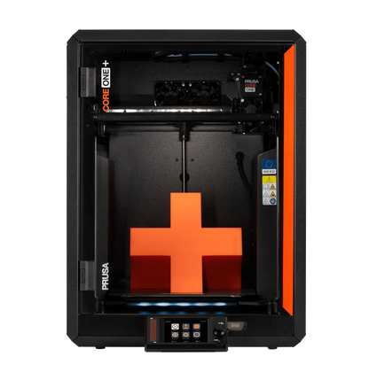 Prusa CORE One+ assembled 3D printer, front view with enclosed chamber