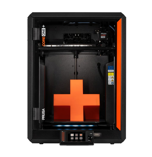 Prusa CORE One+ assembled 3D printer, front view with enclosed chamber