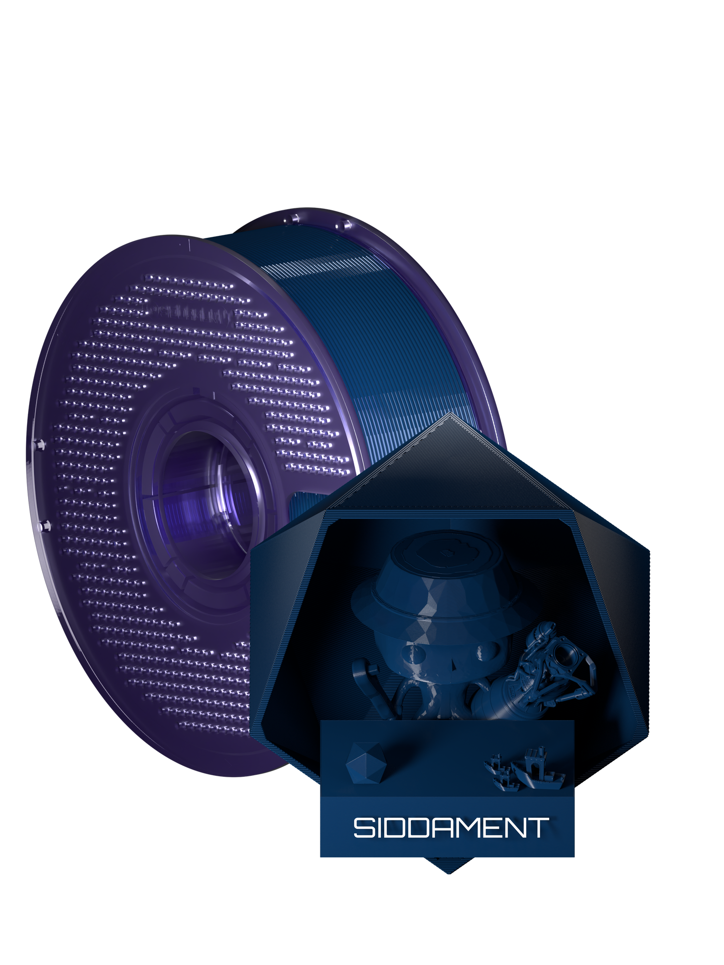 Ox Blue PCTG filament on a transparent purple SIDDAMENT spool