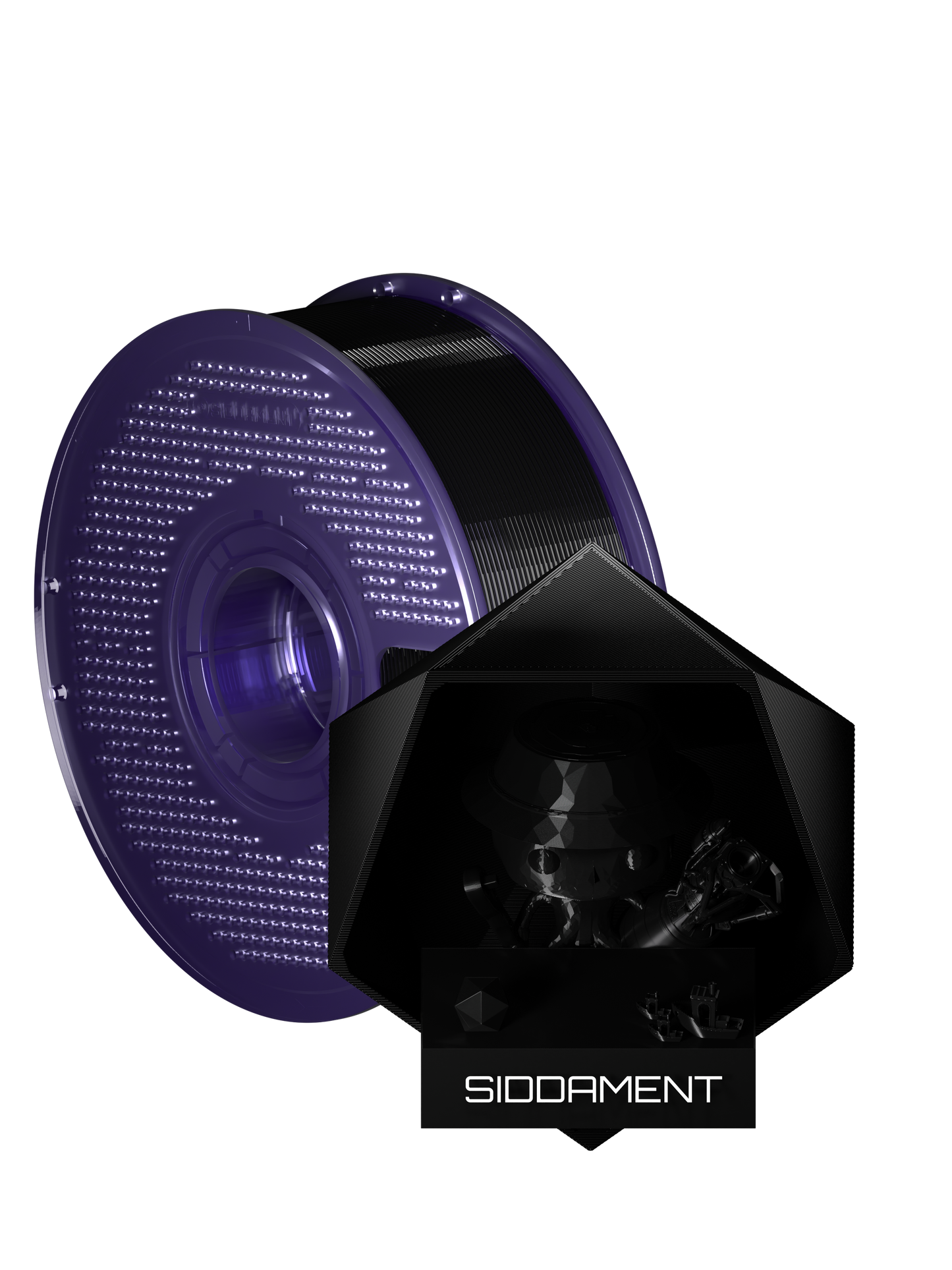 PCTG Black filament on a transparent purple SIDDAMENT spool