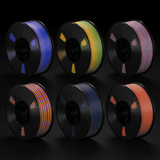 Shittament PLA - example rolls: translucent gradient, transition, mixed hue, tri colour, sparkle, solid