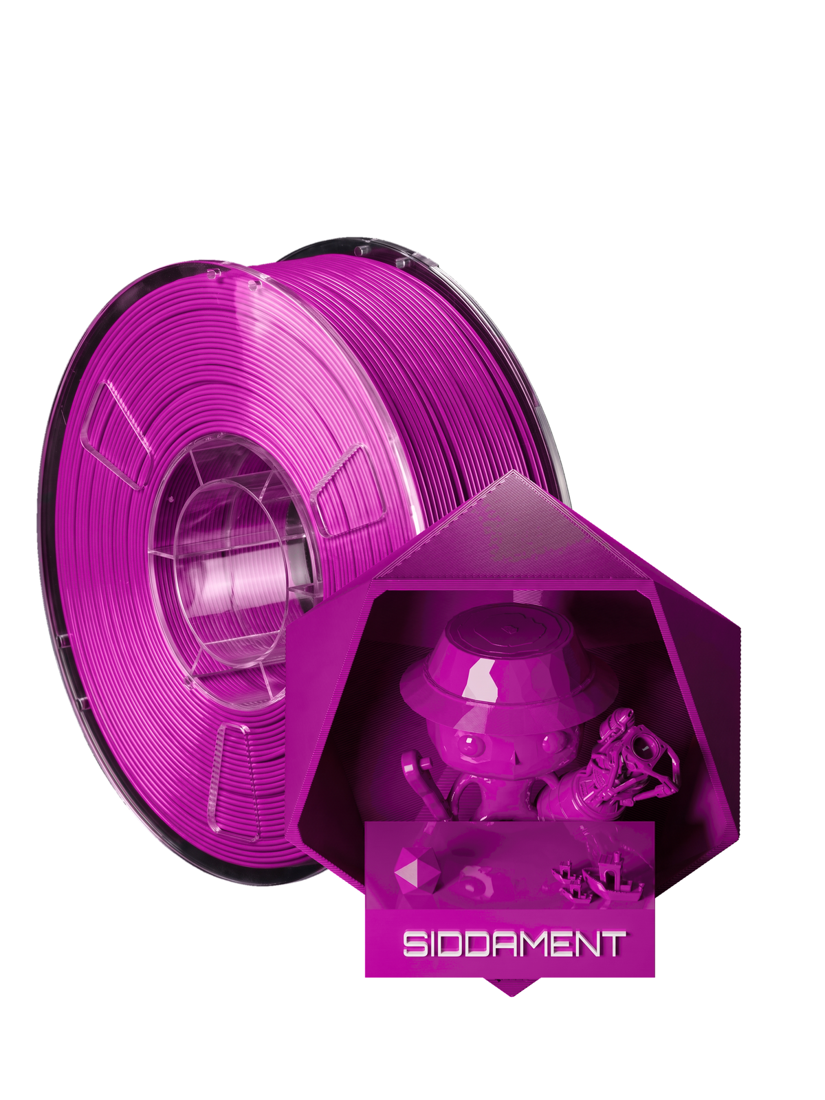 Pure Violet PLA (render is closer) - spool and printed parts, glossy render matched to #C012A2 [shot normal-pla-gloss-2026-10-16]