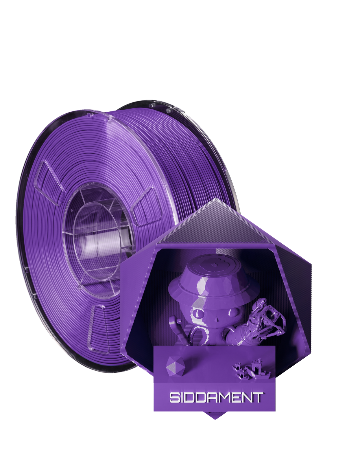 Purple PLA - spool and printed parts, glossy render matched to #5849B4 [shot normal-pla-gloss-2026-10-16]