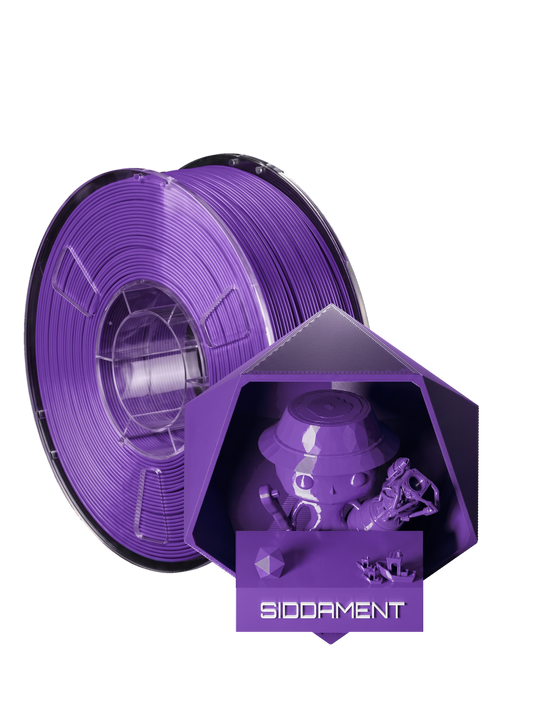 Purple PLA - spool and printed parts, glossy render matched to #5849B4 [shot normal-pla-gloss-2026-10-16]