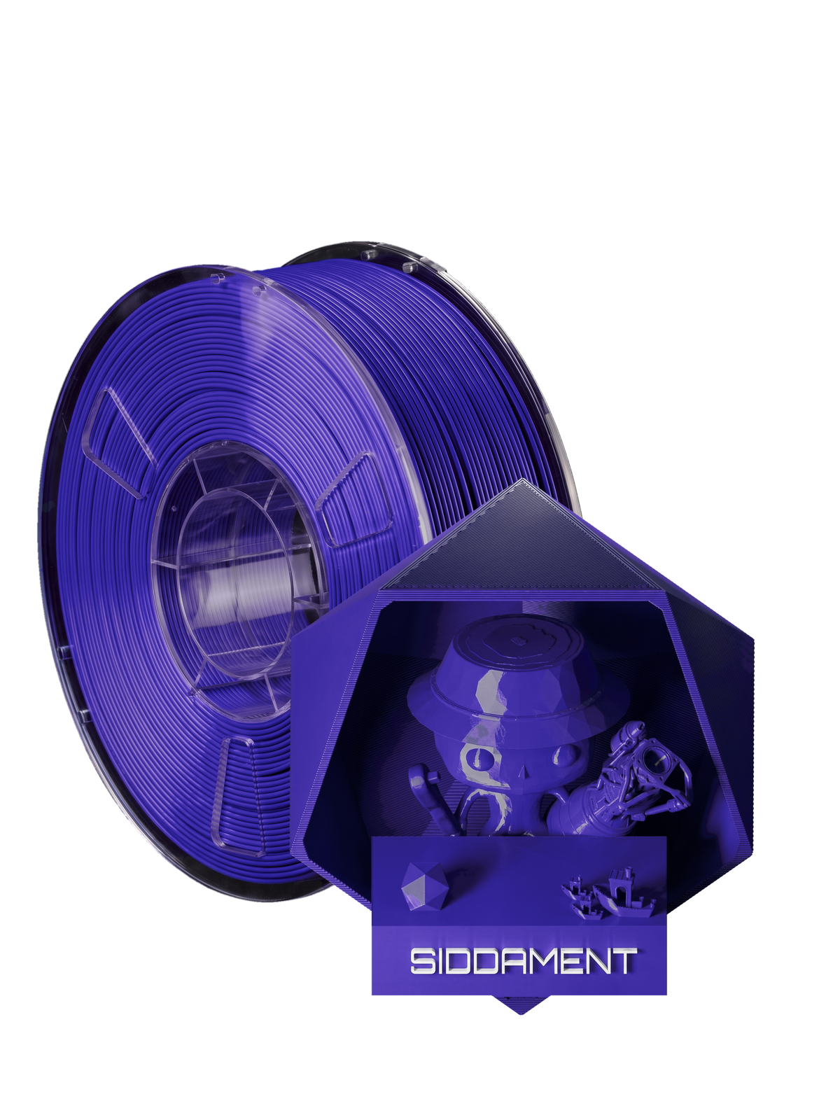 Radiant Violet PLA - spool and printed parts, glossy render matched to #3A35BC [shot normal-pla-gloss-2026-10-16]