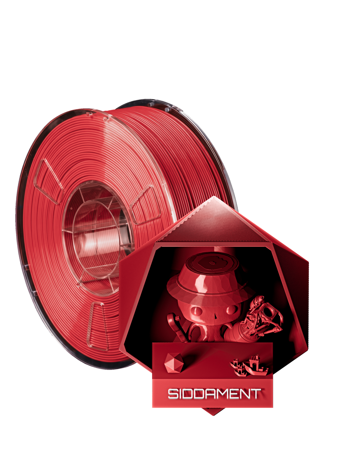 Red PLA - spool and printed parts, glossy render matched to #E03334 [shot normal-pla-gloss-2026-10-16]