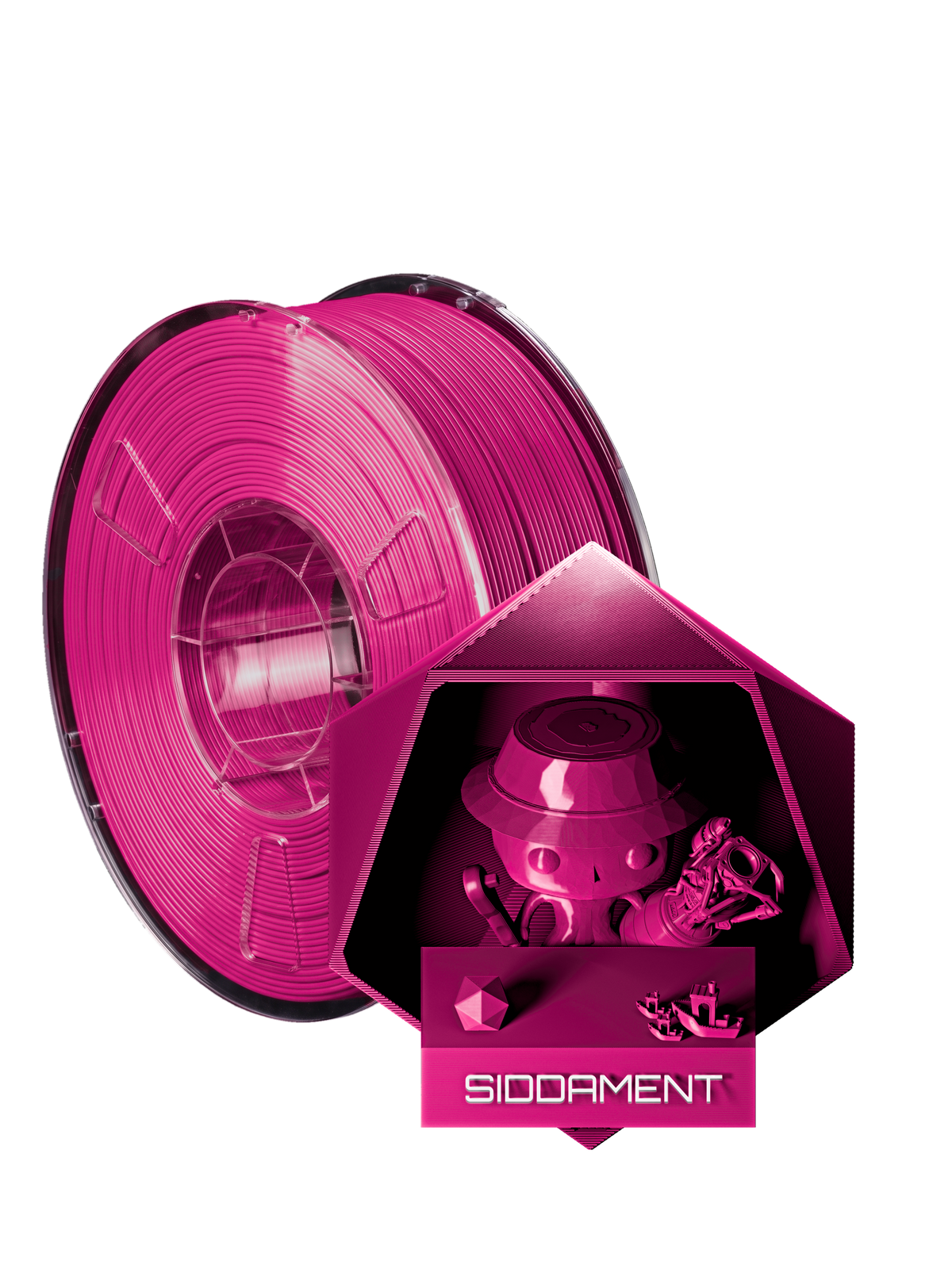 Shock Magenta PLA (render is closer) - spool and printed parts, glossy render matched to #E81F93 [shot normal-pla-gloss-2026-10-16]