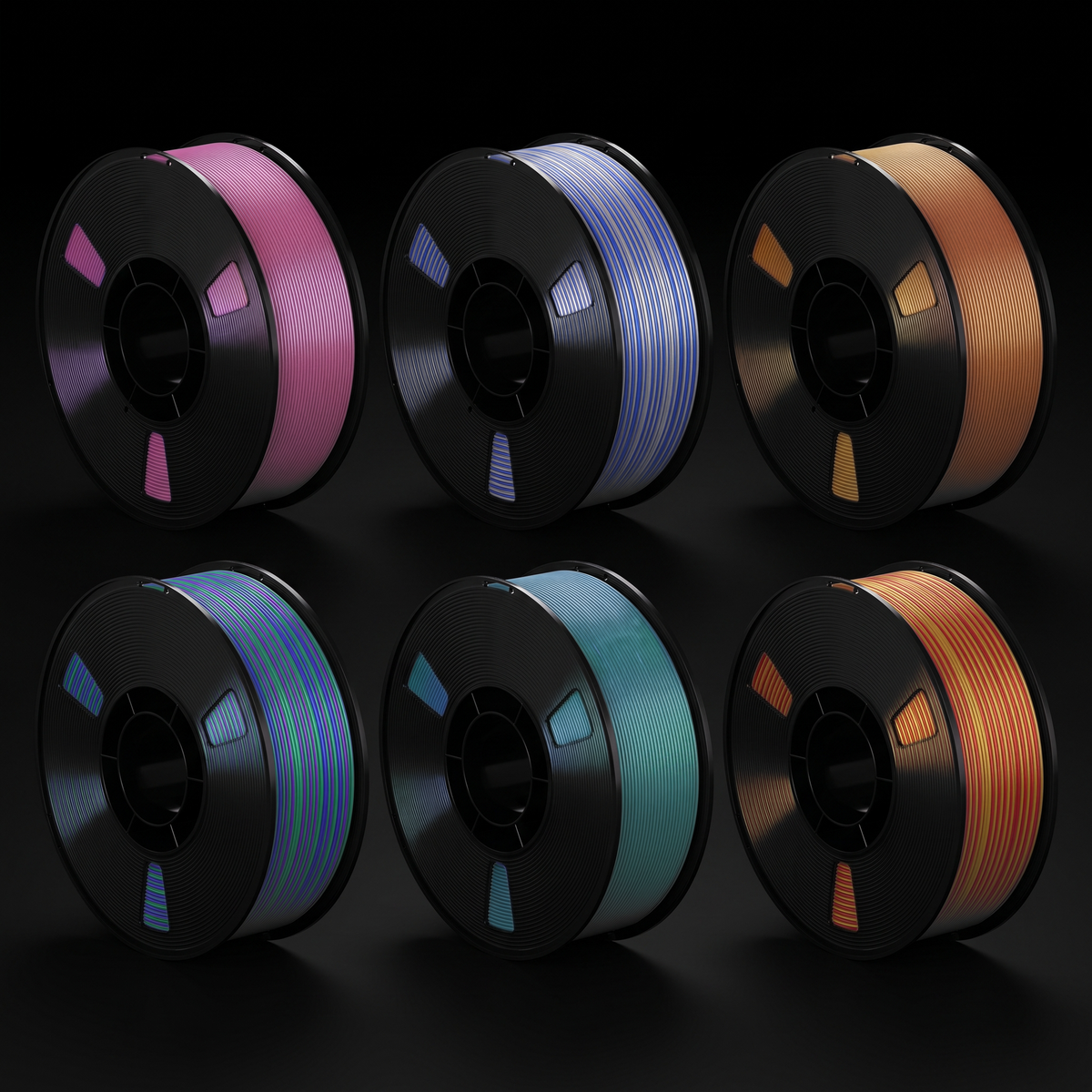 Shittament Silk PLA - example rolls: radial gradients and coextruded dual / tri colour, split per strand